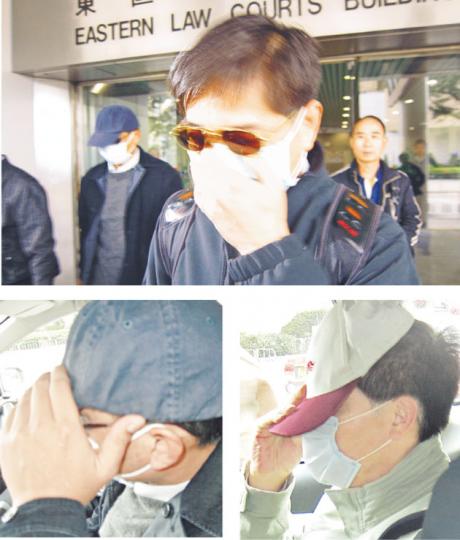 3名懲教人員鄧貴文（左下）、梁肇榮（右下）、陳振民（上）昨在庭上否認控罪時，語氣十分堅定，提訊完畢後，3人在多名友人「掩護」下衝上一輛私家車離開。（林綺琪攝）