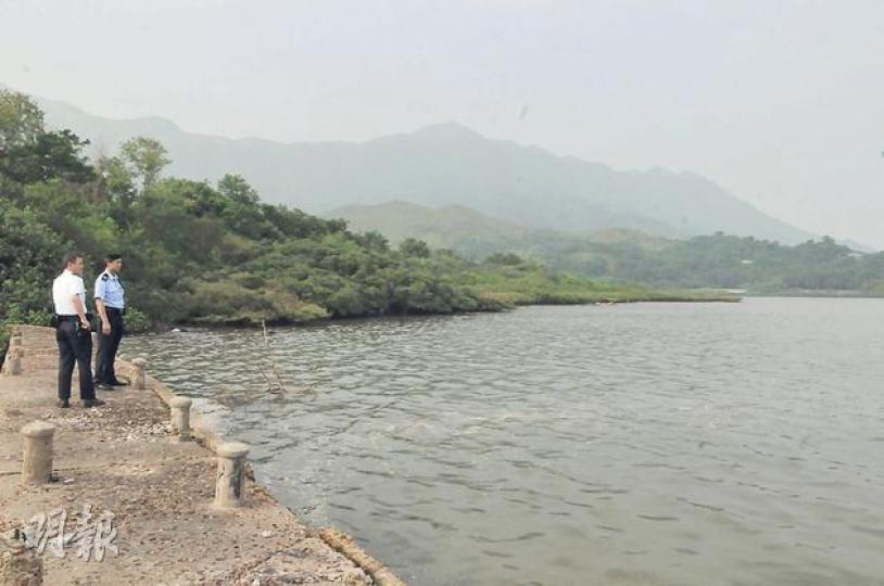 大埔布心排紅樹林岸邊昨發生釣魚翁病發死亡意外，據悉當時他雙腳曾陷淤泥，事後警員在岸邊調查。（林錫禮攝）