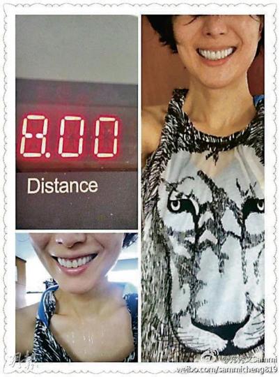 鄭秀文跑8公里路弄得大汗淋漓。(微博圖片)古巨基吹蠟燭食蛋糕慶祝40歲生日。(微博圖片) 鄭秀文跑8公里路弄得大汗淋漓。(微博圖片)古巨基吹蠟燭食蛋糕慶祝40歲生日。(微博圖片)