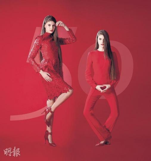 Valentino red--中國人穿紅色代表喜慶，落在意大利品牌Valentino上亦有等同象徵意義。著名的Valentino red是品牌的記認，也是這些年來紅地氈場合中不可或缺的品牌之一。（左）紅色喱士皮革連身裙$99,000，（右）紅色長袖jumpsuit$26,800、紅色鍋釘高跟鞋$7400（林俊源攝）
