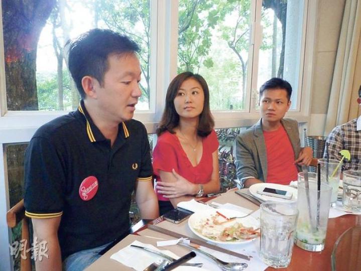 選民力量昨日舉行傳媒茶敘，主席林雨陽（右）稱狙擊民主黨「票債票償」行動已完結，選民力量將專注地區工作。袁彌明（中）和候任立法會議員陳志全（左）亦有出席茶敘。（屈俊樂攝）