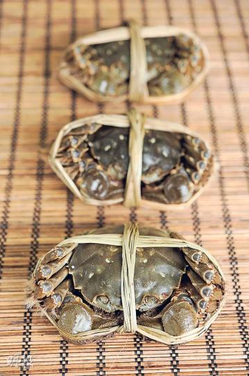 大閘蟹（葉思雅攝）新三陽主要供應太湖大閘蟹，陽澄湖和其餘江蘇貨亦有供應。（E）（葉思雅攝）新三陽南貨老闆陳長壽。（葉思雅攝）港灣壹號行政總廚李樹添。（葉思雅攝）見到這橙澄澄的「哈哈笑臉」（中華絨螯蟹 特徵），就知道又是吃大閘蟹的好時候。（時價，每隻約$600至$800，A）（林俊源攝）廣東與上海吃法最大不同，在於廣東人喜於煮蟹時放上紫蘇葉，驅寒辟腥。（林俊源攝）