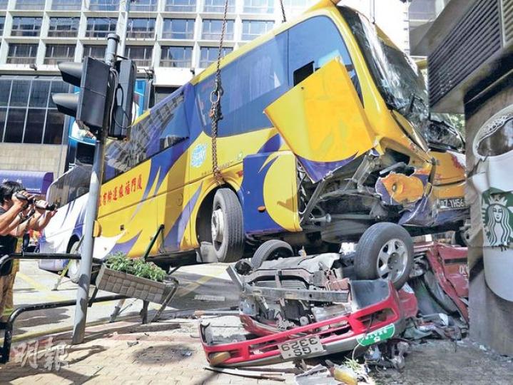 車禍中,旅遊巴「騎上」四輪朝天的士後,還繼續撞向街角的星巴克咖啡店外牆,幸衝力最後被路邊鐵欄卸去大半,店內顧客不至受傷。(林耀華攝)64歲的士司機沈×海被困近40分鐘才被救出,送院時血流披面,一度危殆,後轉嚴重。(林耀華攝)48歲的士外籍女乘客Lydia(前),手部骨裂及身體擦傷送院。(林智傑攝)意外中翻轉及一度被旅遊巴「泰山壓頂」之的士,車頂幾乎被壓扁,4個車輪有3個歪斜,1個飛脫,車上女乘客奇蹟輕傷。(葉家豪攝)意外現場為尖東近帝苑酒店,旅遊巴當時沿麼地道右轉入麼地里(綠箭嘴示),對面行車線 車禍中,旅遊巴「騎上」四輪朝天的士後,還繼續撞向街角的星巴克咖啡店外牆,幸衝力最後被路邊鐵欄卸去大半,店內顧客不至受傷。(林耀華攝)64歲的士司機沈×海被困近40分鐘才被救出,送院時血流披面,一度危殆,後轉嚴重。(林耀華攝)48歲的士外籍女乘客Lydia(前),手部骨裂及身體擦傷送院。(林智傑攝)意外中翻轉及一度被旅遊巴「泰山壓頂」之的士,車頂幾乎被壓扁,4個車輪有3個歪斜,1個飛脫,車上女乘客奇蹟輕傷。(葉家豪攝)意外現場為尖東近帝苑酒店,旅遊巴當時沿麼地道右轉入麼地里(綠箭嘴示),對面行車線