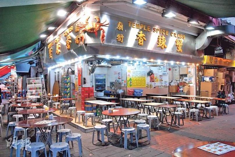 廟街香辣蟹因屢次飯枱佔用街道,昨起被停牌兩周。該店職員聲稱涉事店舖暫停營業,鄰近分店則繼續營業。現場所見,該店桌椅仍擺放在行人路上。(伍浦鋒攝) 廟街香辣蟹因屢次飯枱佔用街道,昨起被停牌兩周。該店職員聲稱涉事店舖暫停營業,鄰近分店則繼續營業。現場所見,該店桌椅仍擺放在行人路上。(伍浦鋒攝)