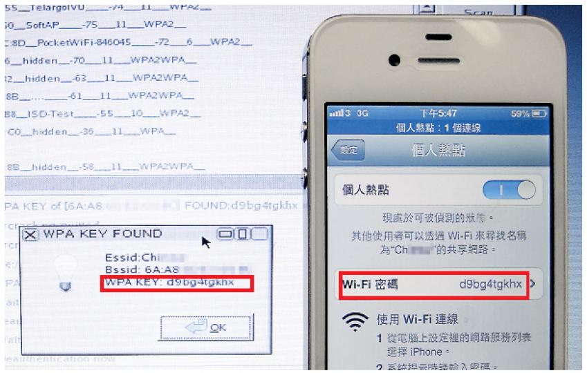 iPhone雖採用較安全的WPA加密格式,但記者設定的英文加數字密碼組合,只需5分30秒便被破解器「撞」中(紅框示)。(明報記者攝) iPhone雖採用較安全的WPA加密格式,但記者設定的英文加數字密碼組合,只需5分30秒便被破解器「撞」中(紅框示)。(明報記者攝)