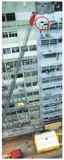 為拯救天台簷篷唐狗(紅圈),警方封閉偉業街3條行車線,消防則在地面張開救生氣墊戒備。(雲錦鋒攝)消防升起雲梯,將唐狗趕入鐵籠,交由愛護動物協會處理,結束3小時拯救行動。(伍浦鋒攝) 為拯救天台簷篷唐狗(紅圈),警方封閉偉業街3條行車線,消防則在地面張開救生氣墊戒備。(雲錦鋒攝)消防升起雲梯,將唐狗趕入鐵籠,交由愛護動物協會處理,結束3小時拯救行動。(伍浦鋒攝)