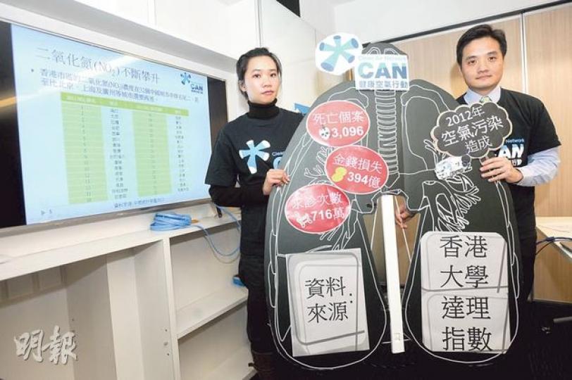 健康空氣行動行政總裁鄺芯妍(左)及主席黃元山手持污黑肺部,指出空氣污染去年令3096人死亡,更造成近400億元經濟損失,呼籲政府加速淘汰舊型號商業柴油車,改善路邊空氣質素。(葉思雅攝) 健康空氣行動行政總裁鄺芯妍(左)及主席黃元山手持污黑肺部,指出空氣污染去年令3096人死亡,更造成近400億元經濟損失,呼籲政府加速淘汰舊型號商業柴油車,改善路邊空氣質素。(葉思雅攝)