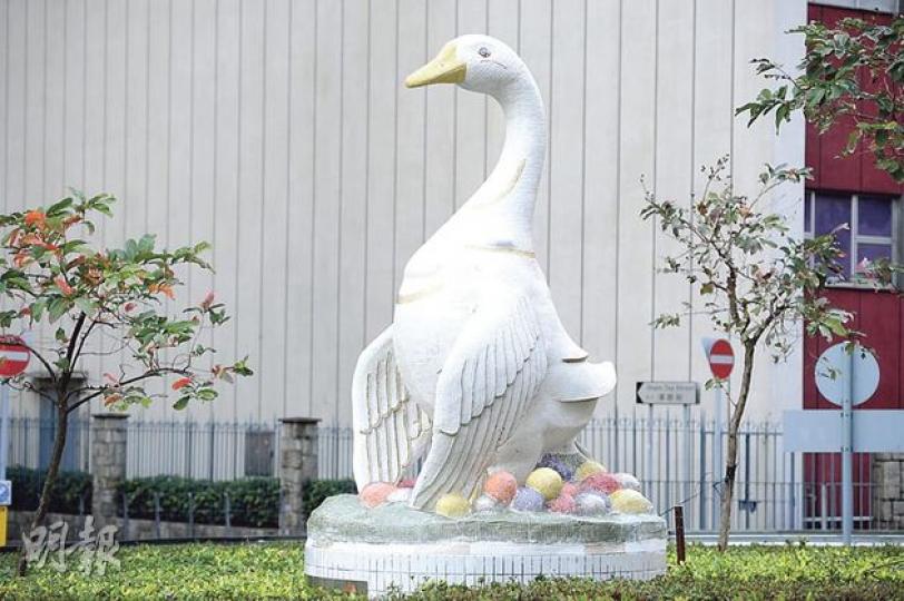 深井「鵝媽媽生蛋」雕塑被批難看，提出豎立此雕塑的荃灣區議員陳偉明稱，上月已催促當局改善，但至今未開工。（尹錦恩攝）