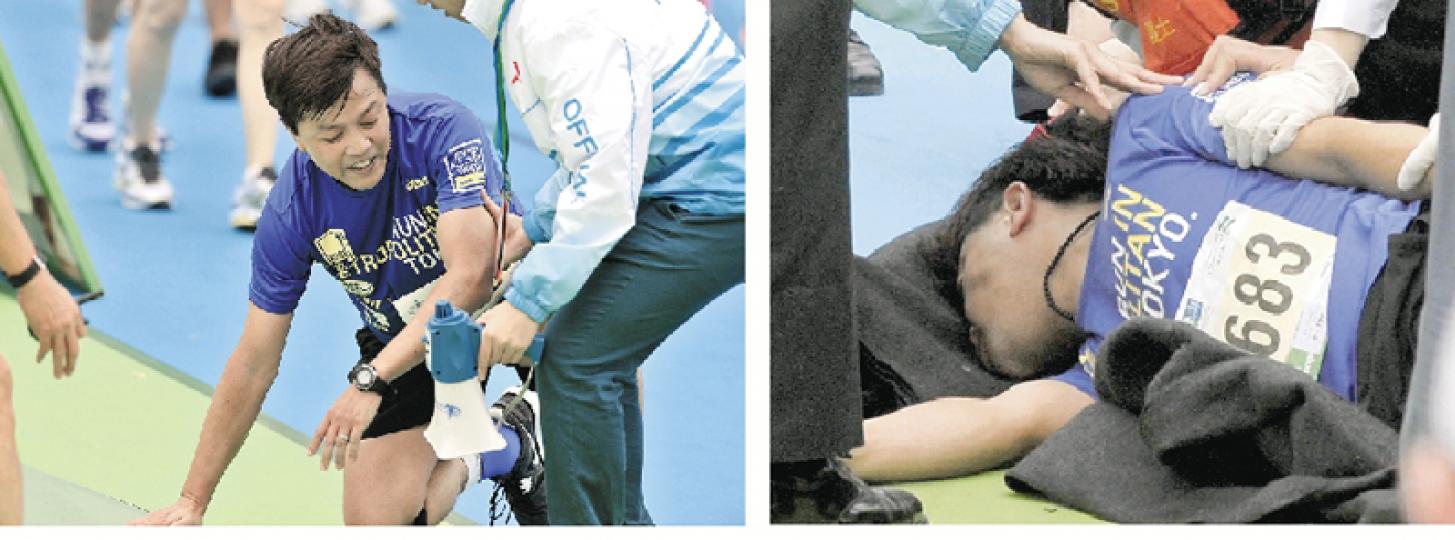 今年渣馬有兩名選手抵達終點後昏迷倒地,其中一人短暫失知覺後一度回復清醒,並嘗試站立(左圖),但不久後再失去知覺(右圖),醫護即上前急救並將他送院。(葉家豪攝) 28歲肯尼亞女選手Rose疑因出賽前無吃早餐,賽後不適送院。(林智傑攝) 特首梁振英(中)與渣打行政總裁洪丕正(右一)昨早6時40分,於彌敦道為渣打馬拉松挑戰組賽事主持起步禮。(鄧宗弘攝) 今年渣馬有兩名選手抵達終點後昏迷倒地,其中一人短暫失知覺後一度回復清醒,並嘗試站立(左圖),但不久後再失去知覺(右圖),醫護即上前急救並將他送院。(葉家豪攝) 28歲肯尼亞女選手Rose疑因出賽前無吃早餐,賽後不適送院。(林智傑攝) 特首梁振英(中)與渣打行政總裁洪丕正(右一)昨早6時40分,於彌敦道為渣打馬拉松挑戰組賽事主持起步禮。(鄧宗弘攝)