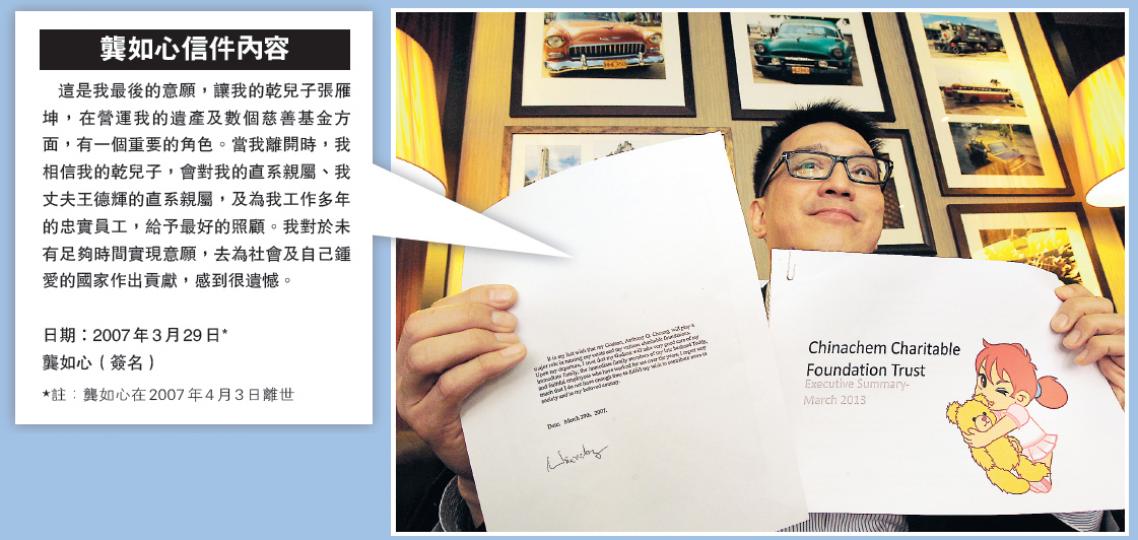華懋集團已故主席龔如心的「契仔」張雁坤日前會見傳媒,展示有龔如心簽名、日期為2007年3月29日的信件,顯示龔如心當時要求給予張一個主要角色,協助打理她的遺產。(李紹昌攝)張雁坤要求,曾為早年「契爺」王德輝及「契媽」龔如心帶來甜密回憶的熙信大廈,不要被拆掉。(葉家豪攝) 華懋集團已故主席龔如心的「契仔」張雁坤日前會見傳媒,展示有龔如心簽名、日期為2007年3月29日的信件,顯示龔如心當時要求給予張一個主要角色,協助打理她的遺產。(李紹昌攝)張雁坤要求,曾為早年「契爺」王德輝及「契媽」龔如心帶來甜密回憶的熙信大廈,不要被拆掉。(葉家豪攝)