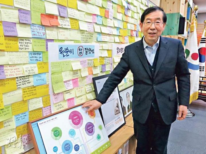 首爾市民可在市政府大樓9樓的壁報板,以告示貼留言給市長。這些公眾訴求會轉送至市長朴元淳的辦公室,貼滿一面牆。他直言﹕「身為市長,聽市民意見是重要的任務,一定要熱心去聽。」(冼韻姬攝)首爾市政府講求聆聽,政府大樓開放予市民用的公共空間命名為「市民聽」,內設「市民演講台」,讓市民細說訴求,所有市民發言都會錄製成片段上網,政府部門需跟進。(冼韻姬攝)香港新政府總部雖稱「門常開」,但其保安森嚴,外人難以進入。反觀首爾新政府大樓四成空間開放予市民,市民可隨意入內,不用申請或經任何安檢,更可在「開放天廊」隨 首爾市民可在市政府大樓9樓的壁報板,以告示貼留言給市長。這些公眾訴求會轉送至市長朴元淳的辦公室,貼滿一面牆。他直言﹕「身為市長,聽市民意見是重要的任務,一定要熱心去聽。」(冼韻姬攝)首爾市政府講求聆聽,政府大樓開放予市民用的公共空間命名為「市民聽」,內設「市民演講台」,讓市民細說訴求,所有市民發言都會錄製成片段上網,政府部門需跟進。(冼韻姬攝)香港新政府總部雖稱「門常開」,但其保安森嚴,外人難以進入。反觀首爾新政府大樓四成空間開放予市民,市民可隨意入內,不用申請或經任何安檢,更可在「開放天廊」隨