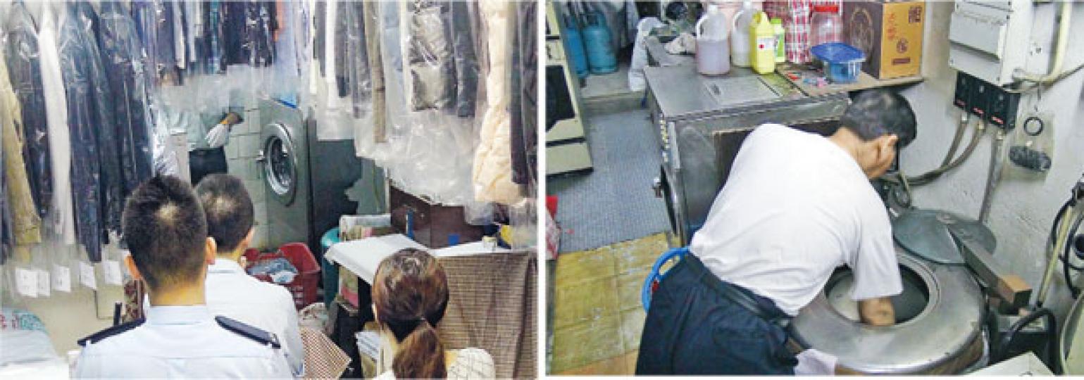 勞工署人員在意外後到場測試脫水機(左圖)。右圖為經營洗衣店及置有類似型號離心機(工業用乾衣機)的顏先生向記者示範安全操作程序,強調若滾筒未完全停止便伸手入內,會非常危險。(林智傑攝) 勞工署人員在意外後到場測試脫水機(左圖)。右圖為經營洗衣店及置有類似型號離心機(工業用乾衣機)的顏先生向記者示範安全操作程序,強調若滾筒未完全停止便伸手入內,會非常危險。(林智傑攝)