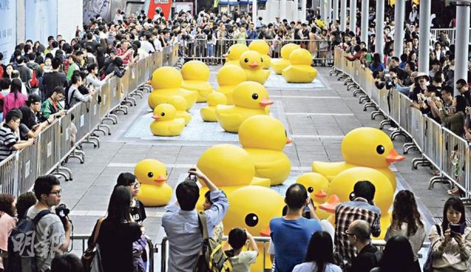 24隻同樣可愛的「鴨兄弟」率先在海運大廈露天廣場「着陸」,並在以3D技術製作的「水池」嬉戲,吸引數百市民及遊客駐足拍照。(劉焌陶攝)早前試水後被「放氣」的巨鴨昨晚7時前已運抵尖沙嘴海運碼頭,有前來「追鴨」市民形容,其扁了的模樣似足救生圈及鴨餅,但鮮艷的黃色仍十分搶眼,「臘鴨」在深宵時分開始「吹脹」,今日起正式亮相。(劉焌陶攝)海港城同步舉行「橡皮鴨」寫真展,展出鴨仔遊世界的照片,並設有一個「大浴池」滿載逾千隻小膠鴨,昨日已有不少人前往拍照。(劉焌陶攝) 24隻同樣可愛的「鴨兄弟」率先在海運大廈露天廣場「着陸」,並在以3D技術製作的「水池」嬉戲,吸引數百市民及遊客駐足拍照。(劉焌陶攝)早前試水後被「放氣」的巨鴨昨晚7時前已運抵尖沙嘴海運碼頭,有前來「追鴨」市民形容,其扁了的模樣似足救生圈及鴨餅,但鮮艷的黃色仍十分搶眼,「臘鴨」在深宵時分開始「吹脹」,今日起正式亮相。(劉焌陶攝)海港城同步舉行「橡皮鴨」寫真展,展出鴨仔遊世界的照片,並設有一個「大浴池」滿載逾千隻小膠鴨,昨日已有不少人前往拍照。(劉焌陶攝)