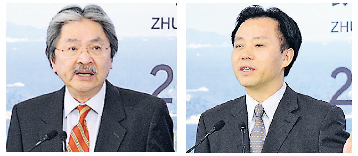 珠海市委書記李嘉(右圖)率領的高層代表現昨天在港向商界和傳媒推介橫琴的發展;本港財政司長曾俊華(左圖)亦有出席。(葉家豪攝) 珠海市委書記李嘉(右圖)率領的高層代表現昨天在港向商界和傳媒推介橫琴的發展;本港財政司長曾俊華(左圖)亦有出席。(葉家豪攝)