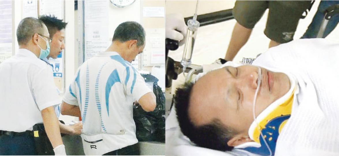 疑遭雷擊當場昏迷的男子(右圖),獲同行兄長(左圖右一)急救,最終大難不死,專家疑其推着的單車將電流引走,救了他一命。(林智傑攝) 疑遭雷擊當場昏迷的男子(右圖),獲同行兄長(左圖右一)急救,最終大難不死,專家疑其推着的單車將電流引走,救了他一命。(林智傑攝)