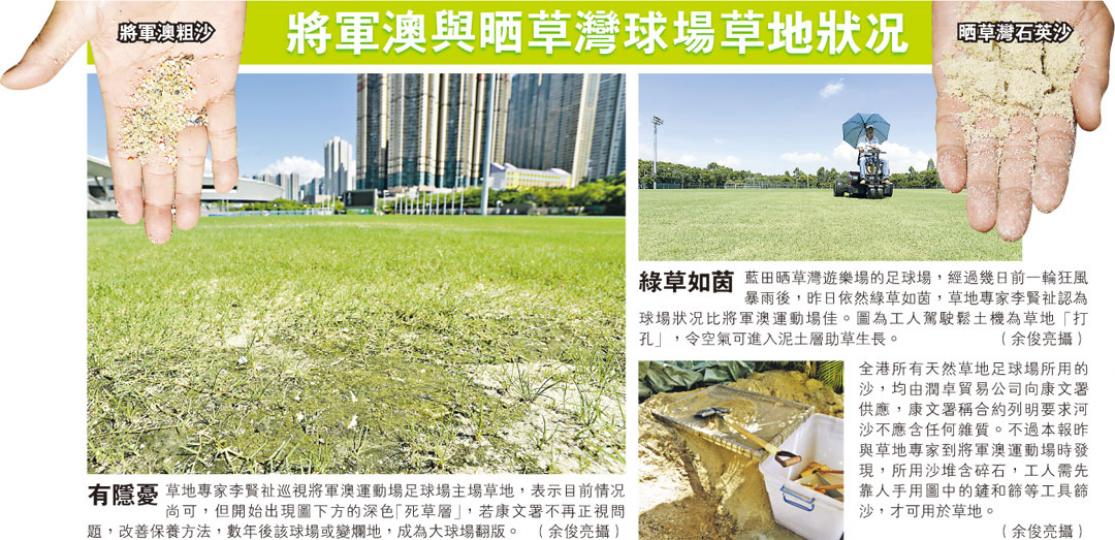 (明報製圖)草地專家中大生命科學學院名譽高級研究員李賢祉(圖),批評康文署管理不力,導致將軍澳運動場的副足球場長滿雜草(左)而非正常的短草(右)。(余俊亮攝) (明報製圖)草地專家中大生命科學學院名譽高級研究員李賢祉(圖),批評康文署管理不力,導致將軍澳運動場的副足球場長滿雜草(左)而非正常的短草(右)。(余俊亮攝)