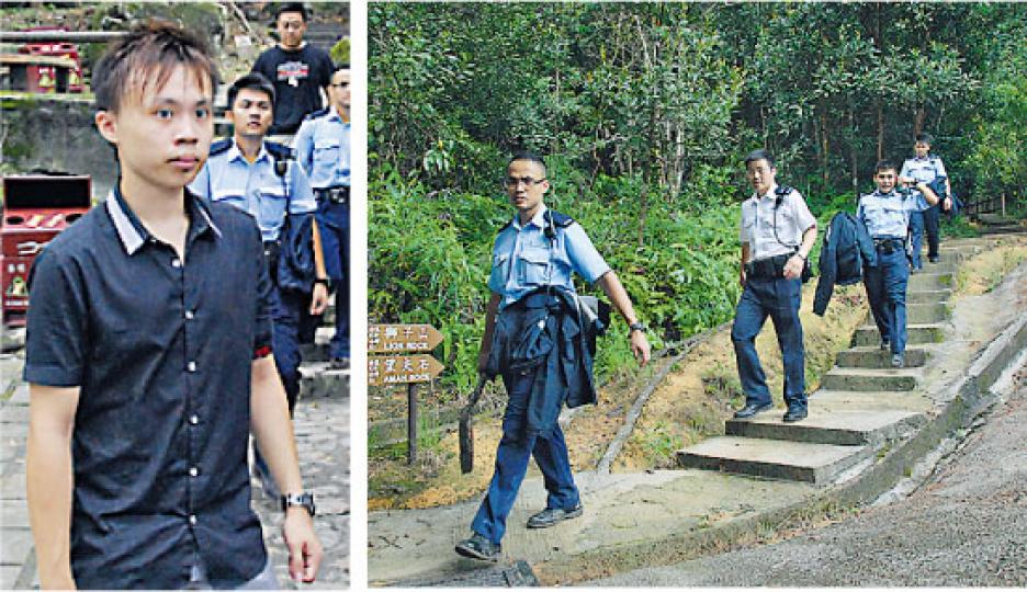 日前疑見骸骨的少年黄騰東(左圖黑恤衫者),昨帶警員沿沙田紅梅谷燒烤場上山搜索(右圖),結果無發現,警方隨後證實事件屬誤會。(雲錦鋒攝)
日前疑見骸骨的少年黄騰東(左圖黑恤衫者),昨帶警員沿沙田紅梅谷燒烤場上山搜索(右圖),結果無發現,警方隨後證實事件屬誤會。(雲錦鋒攝)