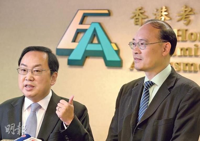 考評局昨承認,在2011至2012的「雙軌年」,向近九成員工合共發放700萬元獎金。秘書長唐創時(右)解釋,當年流失率最高達兩成,考慮到工作量大,才希望運用盈餘挽留人才,而且沒有動用公帑。圖左為考評局委員會主席陳仲尼。(劉焌陶攝) 考評局昨承認,在2011至2012的「雙軌年」,向近九成員工合共發放700萬元獎金。秘書長唐創時(右)解釋,當年流失率最高達兩成,考慮到工作量大,才希望運用盈餘挽留人才,而且沒有動用公帑。圖左為考評局委員會主席陳仲尼。(劉焌陶攝)