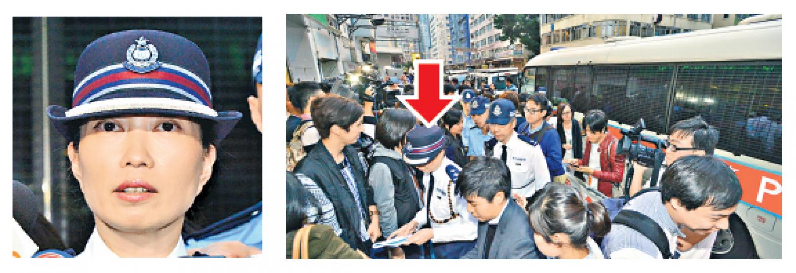 旺角警區副指揮官曾艷霜(左圖、右圖箭嘴示)噚日喺特首諮詢會後,喺會場門口同傳媒講解示威集會情况,但事前有示威者舉牌呼叫,最終警方等到示威者走咗,再安排一架警車泊喺門口,「Madam曾」先現身。(鄧宗弘攝) 旺角警區副指揮官曾艷霜(左圖、右圖箭嘴示)噚日喺特首諮詢會後,喺會場門口同傳媒講解示威集會情况,但事前有示威者舉牌呼叫,最終警方等到示威者走咗,再安排一架警車泊喺門口,「Madam曾」先現身。(鄧宗弘攝)