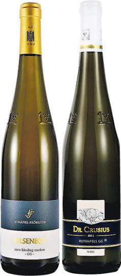 酒樽頸上一隻鷹,再加酒標註明GG(Grosses Gewachs)的「靚乾白」,坊間售約四五百元,較諸法國波爾多或布根地佳釀,可謂價錢「相宜」。左:Schaefer Froehlich Felseneck Riesling Trocken "GG", 2010($530)。右:Dr.Crusius Rotenfels Riesling "Grosses Gewachs" 2011($480)。查詢﹕Thomas Palmer Fine German Wines 9137 1296(梁惠齡攝) 酒樽頸上一隻鷹,再加酒標註明GG(Grosses Gewachs)的「靚乾白」,坊間售約四五百元,較諸法國波爾多或布根地佳釀,可謂價錢「相宜」。左:Schaefer Froehlich Felseneck Riesling Trocken "GG", 2010($530)。右:Dr.Crusius Rotenfels Riesling "Grosses Gewachs" 2011($480)。查詢﹕Thomas Palmer Fine German Wines 9137 1296(梁惠齡攝)