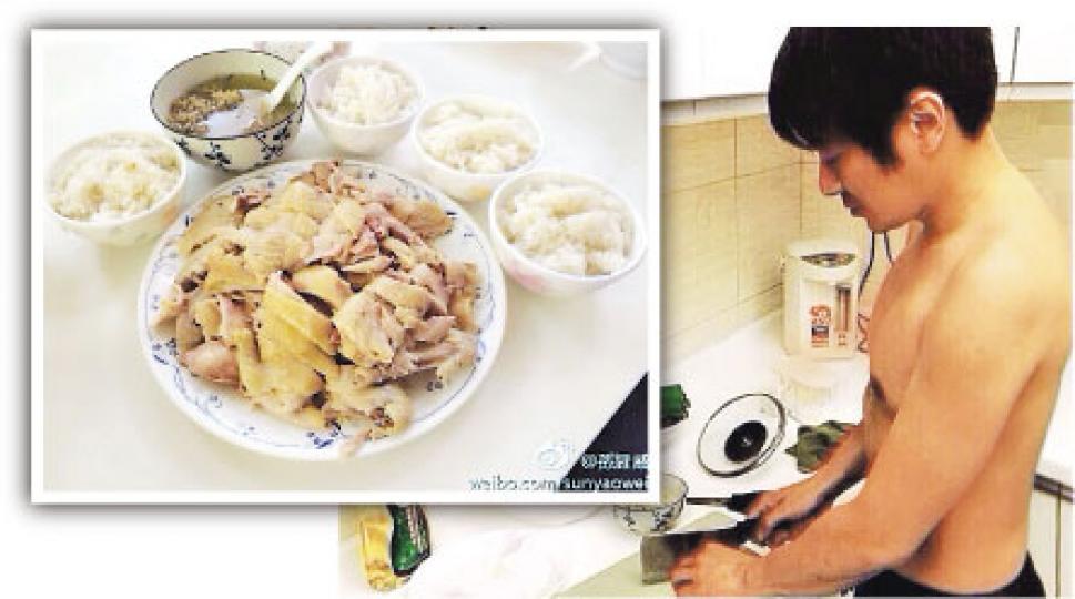 孫耀威親自下廚煮海南雞飯，被讚是個好男人。（微博圖片）