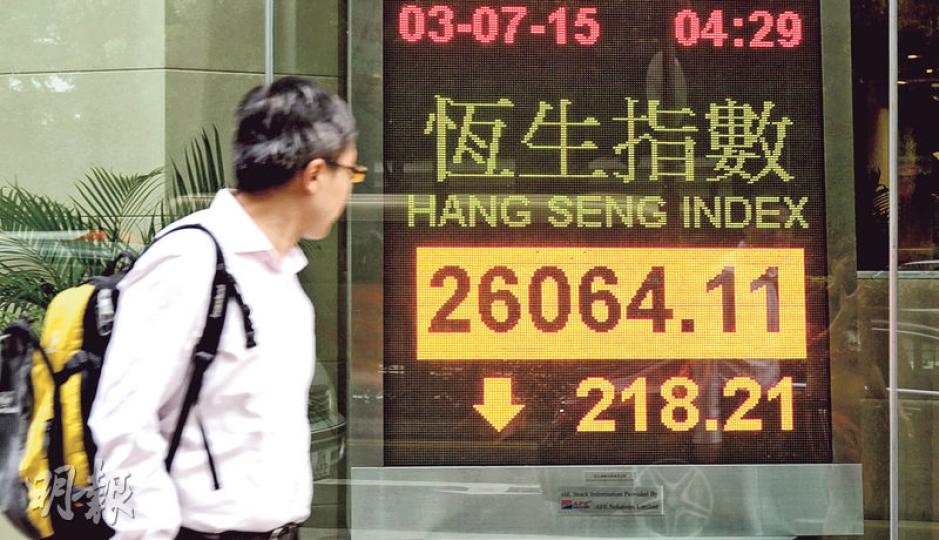 內地A股持續暴挫,恒指昨日勉強守住26,000點關口,主要因重磅指數成分股撐住,事實上中小型股份已紛紛大跌。(李紹昌攝) 內地A股持續暴挫,恒指昨日勉強守住26,000點關口,主要因重磅指數成分股撐住,事實上中小型股份已紛紛大跌。(李紹昌攝)