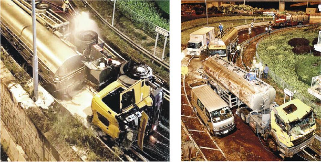 西貢前晚發生運油車翻側意外(左圖),其中一個油缸損毁並漏出大量電油;警方封路近12小時處理,其間消防需不斷射水及化學泡沫戒備(右圖),電油及化學泡沫沿渠道一直流至南圍,專家稱恐有損生態。(蔡方山攝) 西貢前晚發生運油車翻側意外(左圖),其中一個油缸損毁並漏出大量電油;警方封路近12小時處理,其間消防需不斷射水及化學泡沫戒備(右圖),電油及化學泡沫沿渠道一直流至南圍,專家稱恐有損生態。(蔡方山攝)