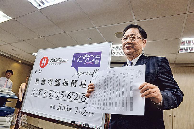 房協喜薈今日將盡推350伙,昨日房協市場事務總經理黃錦勝主持抽籤,決定買家揀樓次序。喜薈勁收6699票,超額認購18倍,即每19組客人爭講一伙。(劉焌陶攝) 房協喜薈今日將盡推350伙,昨日房協市場事務總經理黃錦勝主持抽籤,決定買家揀樓次序。喜薈勁收6699票,超額認購18倍,即每19組客人爭講一伙。(劉焌陶攝)
