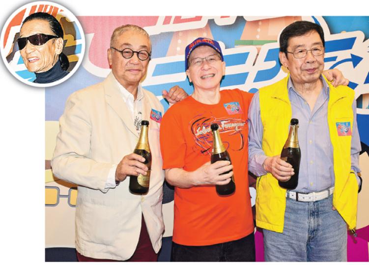 《4個小生去旅行》祝捷會,只有曾江(左起)、Joe Junior及胡楓出席,謝賢(圓圖)無影,變成「3個小生來祝捷」。(攝影:梁迺楠) 《4個小生去旅行》祝捷會,只有曾江(左起)、Joe Junior及胡楓出席,謝賢(圓圖)無影,變成「3個小生來祝捷」。(攝影:梁迺楠)