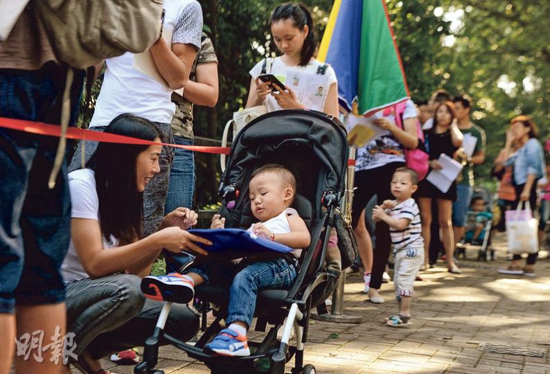 北區鳳溪幼稚園昨收入學申請表，整個早上有逾百名家長在門外等候，校方指收表較去年同期少。（劉焌陶攝）
