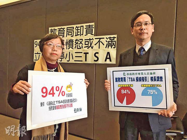 教協調查發現，近九成半小學校長對教育局指引憤怒或不滿，促請局方在聖誕節假期前叫停本學年小三TSA。圖左起為教協副會長馮碧儀、教育界議員葉建源。（劉嘉裕攝）