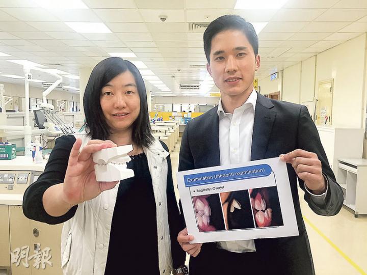 港大牙醫學院研究發現，長期吃母乳的幼兒較少出現哨牙及牙齒咬合問題。圖左為負責監督研究的港大牙醫學院矯齒學臨牀助理教授楊雁琪，右為參與研究的牙科醫生沈峰豪。（葉真真攝）