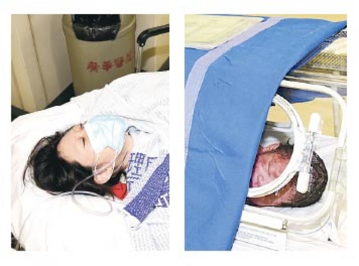 37歲孕婦（左）聖誕節作動，在大廈走廊臨盤，鄰居見一片血泊，一度誤以為發生血案。產婦送院後在急症室誕下女嬰（右），母女平安。（蔡方山攝）