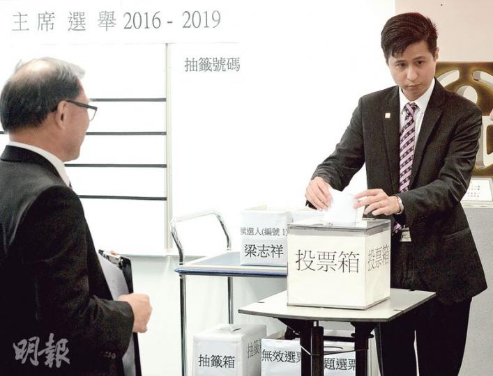 元朗區議會昨日選主席,由鄉事派推舉的獨立議員沈豪傑(右)奪得22票,以4票之差擊敗爭取連任的民建聯梁志祥(左)。(劉焌陶攝) 元朗區議會昨日選主席,由鄉事派推舉的獨立議員沈豪傑(右)奪得22票,以4票之差擊敗爭取連任的民建聯梁志祥(左)。(劉焌陶攝)