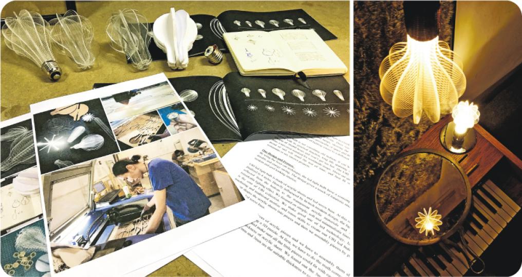 神之光線——URI Led Light Bulb by nap，一鳴解釋URI一詞來自希臘神話，意思是「神之光線」，URI以Led光纖加上多款不同印有直橫線的膠片結合而成，這Led燈膽有變壓連接位，所以可直接插入電插座使用。（www.kickstarter.com，查URI LED Light Bulb）（左圖：Frank攝）（右圖：品牌提供）