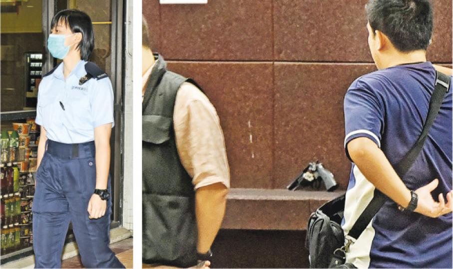 田心警署一名女警準備出更時，在上彈及退彈區上膛後，疑回槍時佩槍走火，送院敷治後出院（左圖），警員事後在走火現場調查（右圖）。（蔡方山攝）