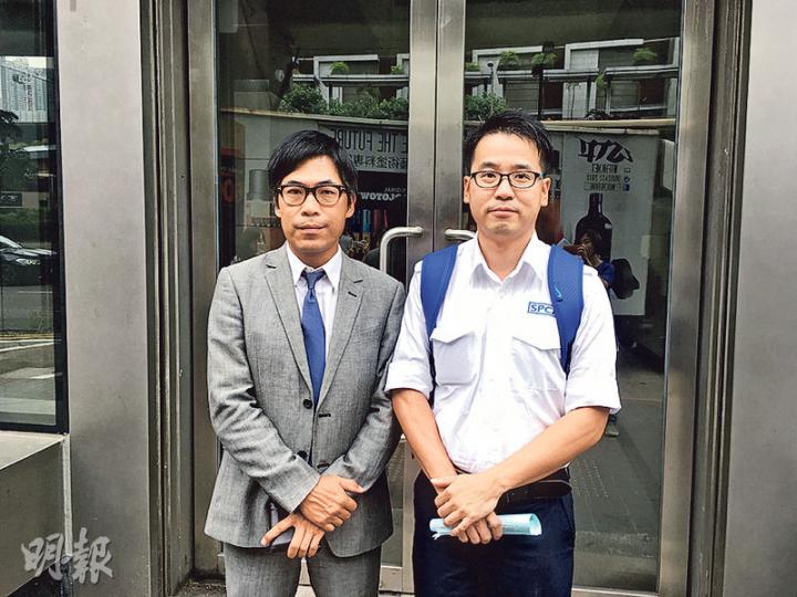 非牟利獸醫服務協會執行主席麥志豪（左）呼籲狗主切勿為了「貪靚」，自行為狗截尾，愛護動物協會總督察梁兆麟（右）昨亦有到庭。（梁嘉怡攝）