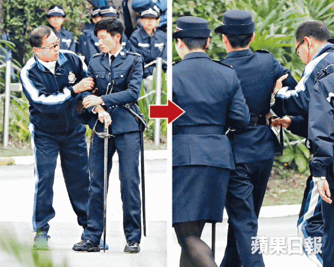 ■林鄭致辭尾聲時，結業女督察曾耀瑩突不適（左圖），最終要由同袍扶走送院檢查（右圖）。李家皓攝
