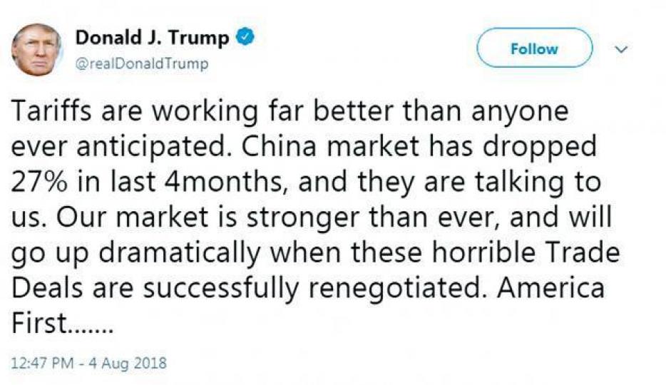 ■特朗普在twitter發文,稱關稅效用遠高於預期。互聯網 ■特朗普在twitter發文,稱關稅效用遠高於預期。互聯網