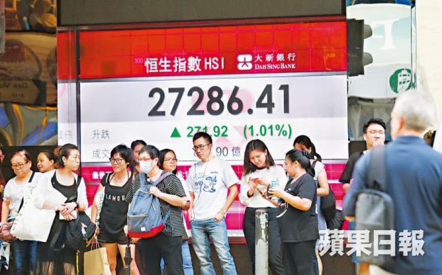 中美貿易緊張氣氛緩和下，恒指昨再升271點，收報27286點。鄒潔珊攝