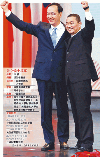 朱立倫和新任市長侯友宜舉行交接儀式，隨即宣佈將參與總統選舉。