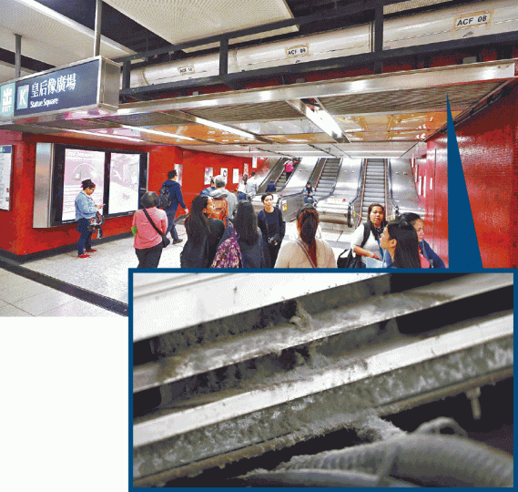 中環港鐵站皇后像廣場出口風閘滿佈積塵，恐影響乘客健康。朱永倫攝