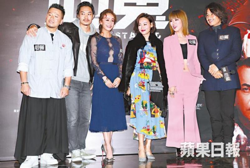 （左起）小肥、胡子彤、黃心美、惠英紅、雷琛瑜與黃澤鋒出席劇集首映。黃心美坦言離開ViuTV後，得到很大自由度，目前主力做司儀。