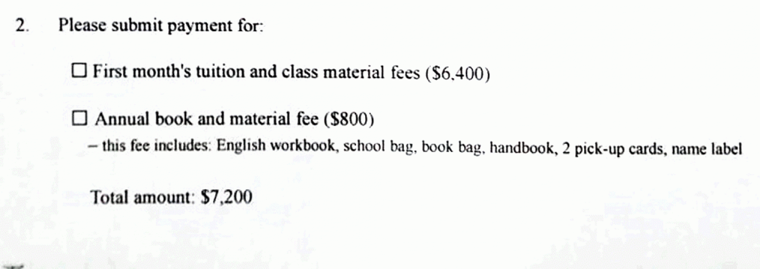 蒙特梭利向家長發通告,要求繳交首月學費6,400元和書簿雜費800元。讀者提供圖片 蒙特梭利向家長發通告,要求繳交首月學費6,400元和書簿雜費800元。讀者提供圖片