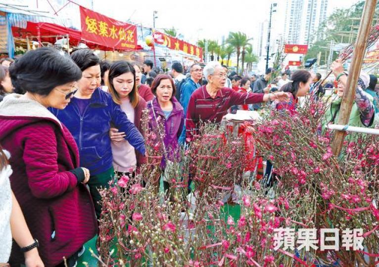 【維園年宵】桃花檔看花人多,買花人少。李家皓攝乾貨攤檔171號主打豬版「任何仁」,負責人稱只求開心玩。 【維園年宵】桃花檔看花人多,買花人少。李家皓攝乾貨攤檔171號主打豬版「任何仁」,負責人稱只求開心玩。