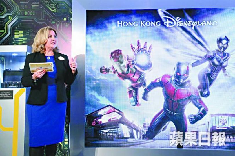 行政總裁楊善妮指「蟻俠與黃蜂女:擊戰特攻!」今年即將開幕。王心義攝 行政總裁楊善妮指「蟻俠與黃蜂女:擊戰特攻!」今年即將開幕。王心義攝