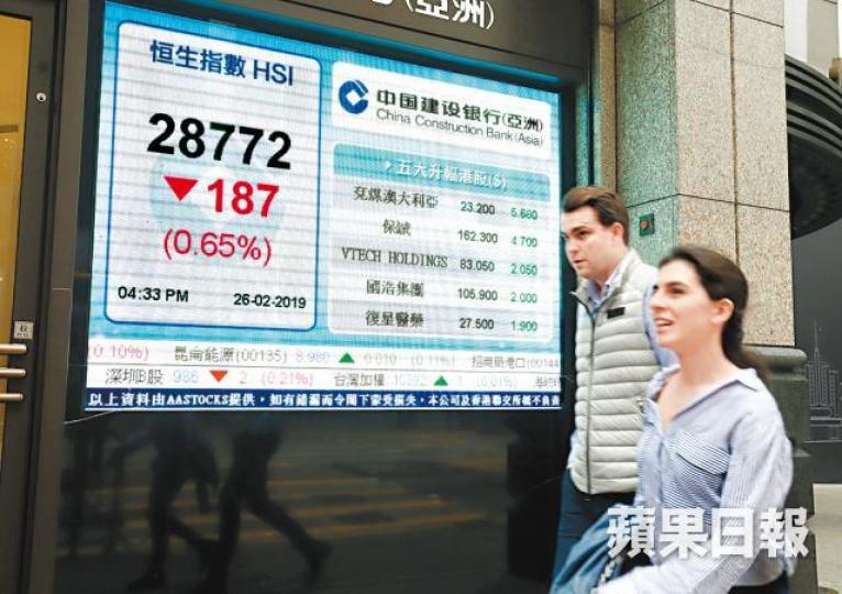 港股昨下跌187點,成交仍超過千億元。譚德潤攝 港股昨下跌187點,成交仍超過千億元。譚德潤攝