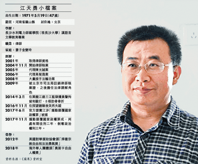 將於今日出獄的江天勇或仍未能恢復自由。金變玲擔心丈夫出獄後「被失蹤」。 將於今日出獄的江天勇或仍未能恢復自由。金變玲擔心丈夫出獄後「被失蹤」。