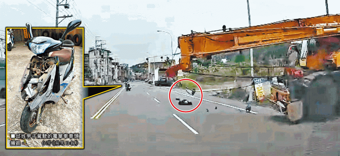 邱男被吊車鋼繩割頸彈落地後(紅圈示),其電單車仍往前衝36米。吊車司機講述事發經過。 邱男被吊車鋼繩割頸彈落地後(紅圈示),其電單車仍往前衝36米。吊車司機講述事發經過。