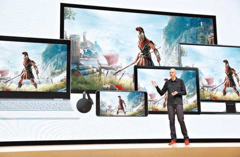 Google副總裁兼總經理哈里森介紹全新遊戲串流服務Stadia。Stadia遊戲手掣 Google副總裁兼總經理哈里森介紹全新遊戲串流服務Stadia。Stadia遊戲手掣